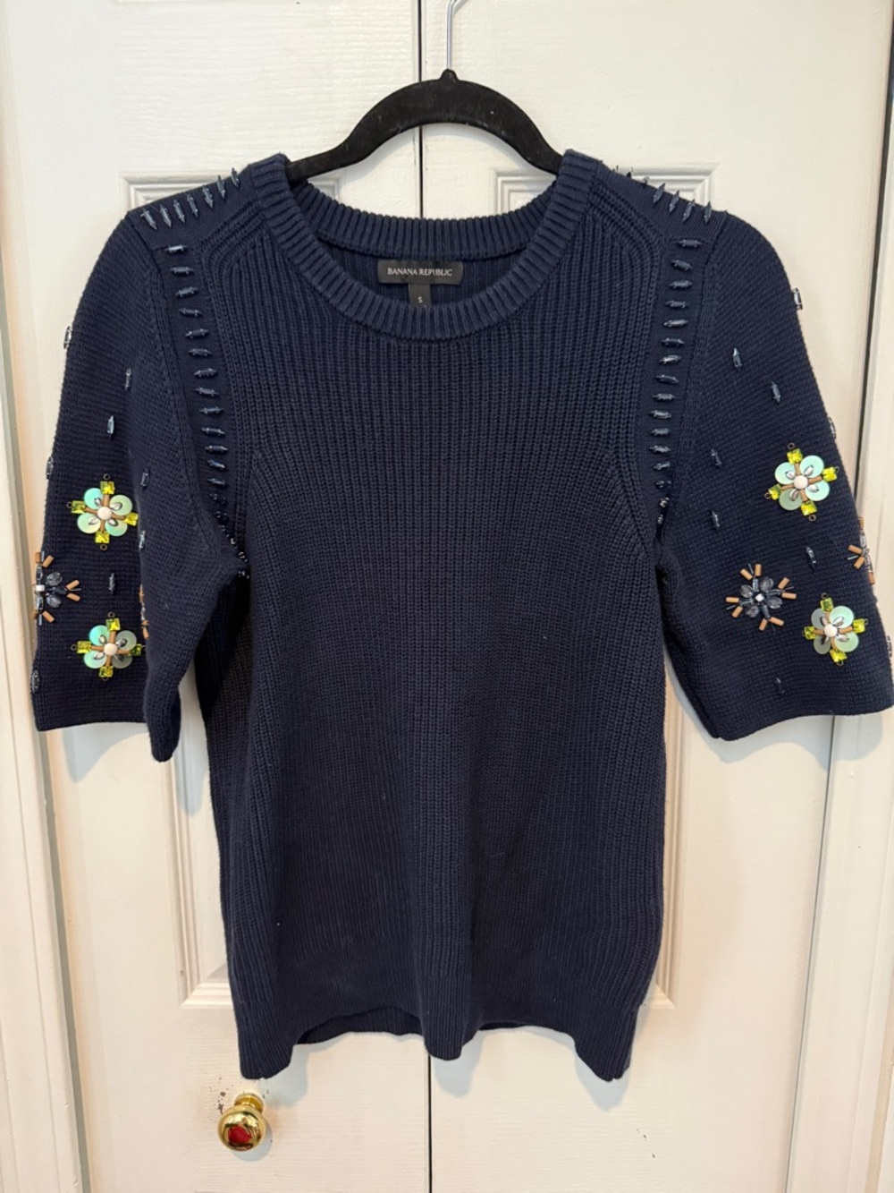 Banana Republic Navy Short-Sleeve Embellished Knit Sweater